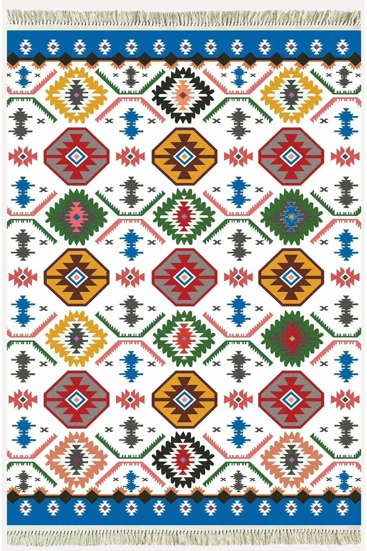 Cotton Serisi Multy Tonlarında Geometrik Desen Dekoratif Dokuma Taban Kilim - HALI VAGONU