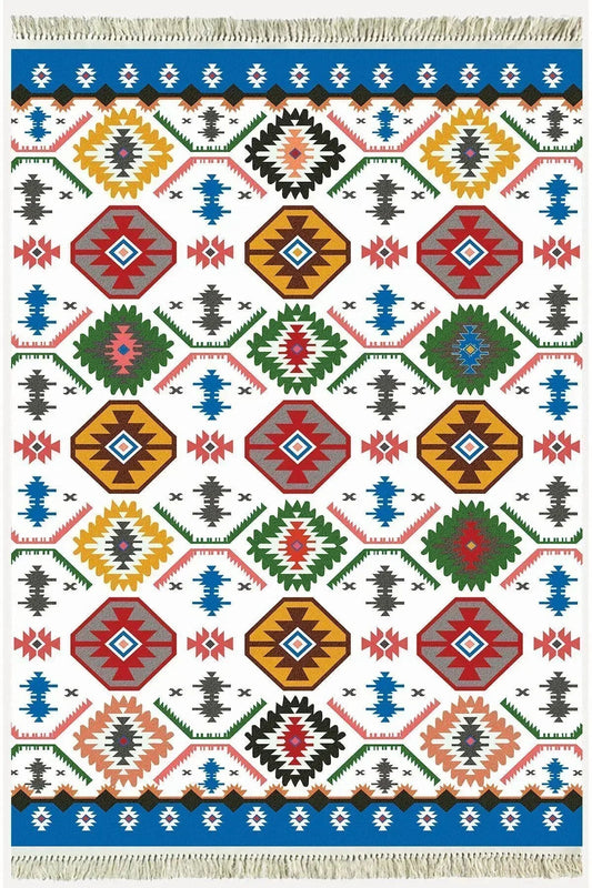 Cotton Serisi Multy Tonlarında Geometrik Desen Dekoratif Dokuma Taban Kilim - HALI VAGONU