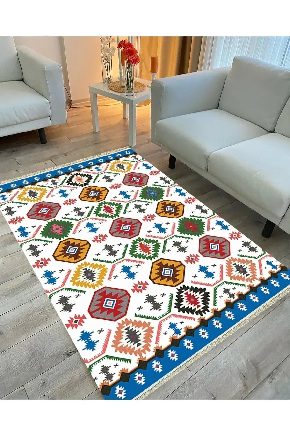 Cotton Serisi Multy Tonlarında Geometrik Desen Dekoratif Dokuma Taban Kilim - HALI VAGONU