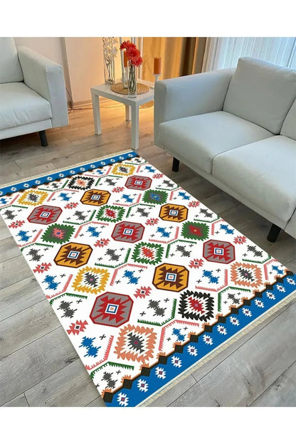 Cotton Serisi Multy Tonlarında Geometrik Desen Dekoratif Dokuma Taban Kilim - HALI VAGONU