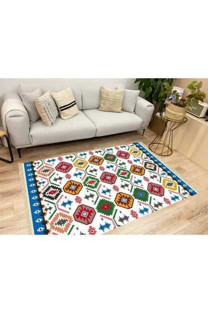 Cotton Serisi Multy Tonlarında Geometrik Desen Dekoratif Dokuma Taban Kilim - HALI VAGONU