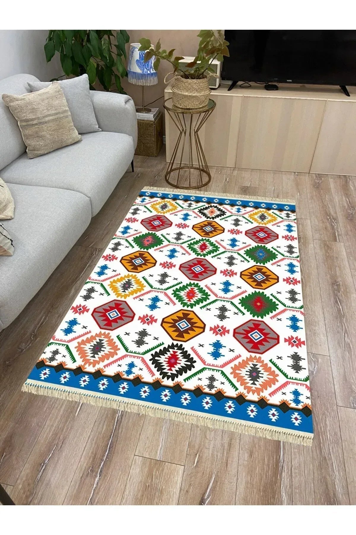 Cotton Serisi Multy Tonlarında Geometrik Desen Dekoratif Dokuma Taban Kilim - HALI VAGONU