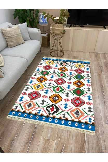 Cotton Serisi Multy Tonlarında Geometrik Desen Dekoratif Dokuma Taban Kilim - HALI VAGONU