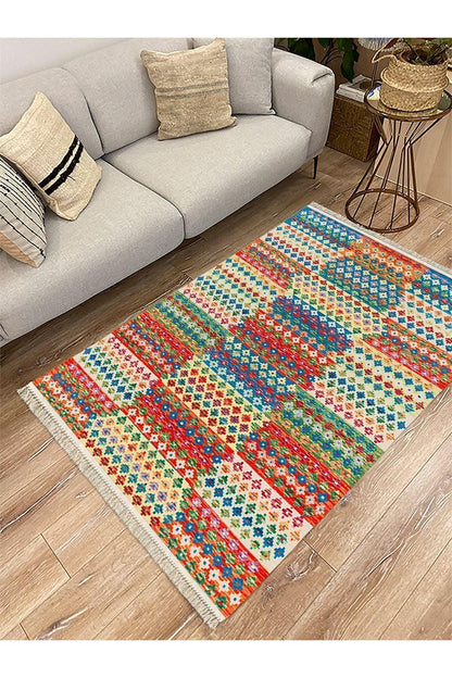 Cotton Serisi Multy Tonlarında Geometrik Eskitme Desen Dekoratif Dokuma Taban Kilim - HALI VAGONU