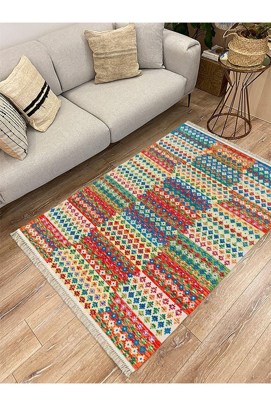 Cotton Serisi Multy Tonlarında Geometrik Eskitme Desen Dekoratif Dokuma Taban Kilim - HALI VAGONU