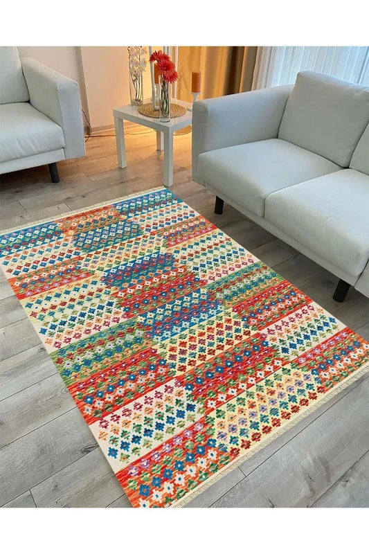 Cotton Serisi Multy Tonlarında Geometrik Eskitme Desen Dekoratif Dokuma Taban Kilim - HALI VAGONU