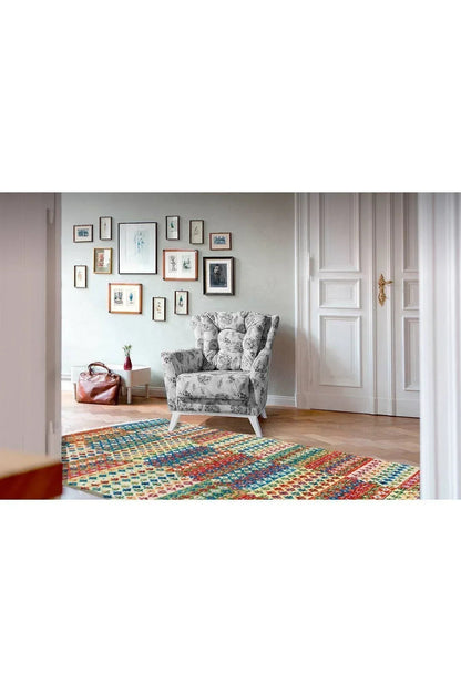Cotton Serisi Multy Tonlarında Geometrik Eskitme Desen Dekoratif Dokuma Taban Kilim - HALI VAGONU