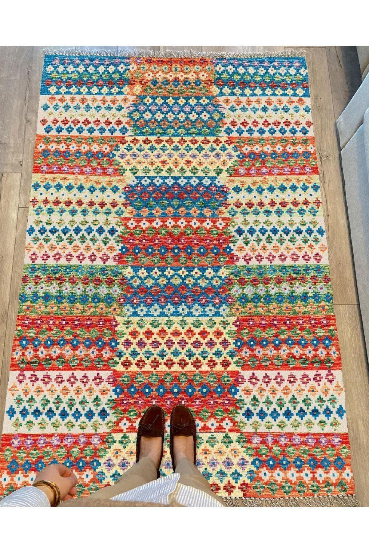 Cotton Serisi Multy Tonlarında Geometrik Eskitme Desen Dekoratif Dokuma Taban Kilim - HALI VAGONU