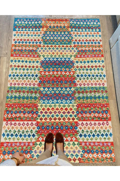 Cotton Serisi Multy Tonlarında Geometrik Eskitme Desen Dekoratif Dokuma Taban Kilim - HALI VAGONU