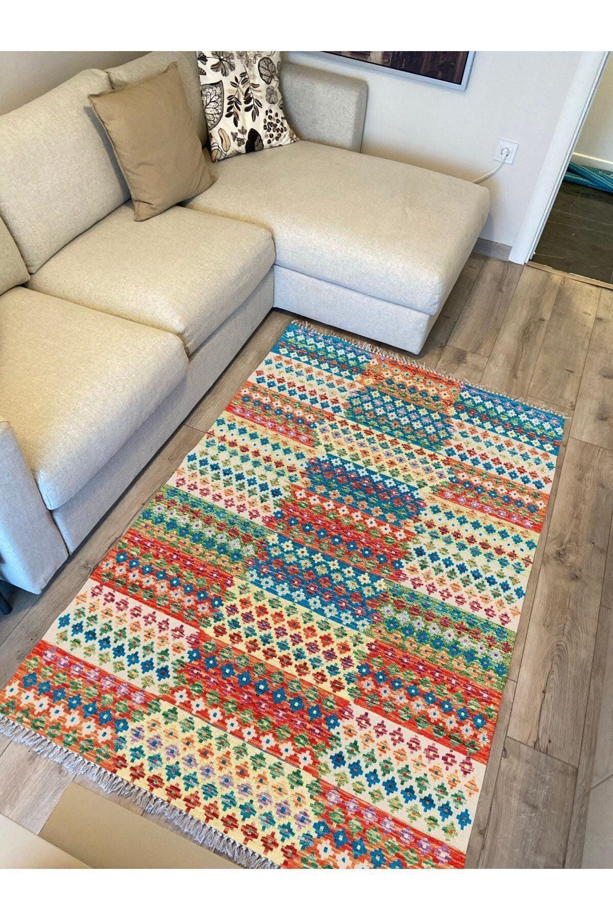 Cotton Serisi Multy Tonlarında Geometrik Eskitme Desen Dekoratif Dokuma Taban Kilim - HALI VAGONU