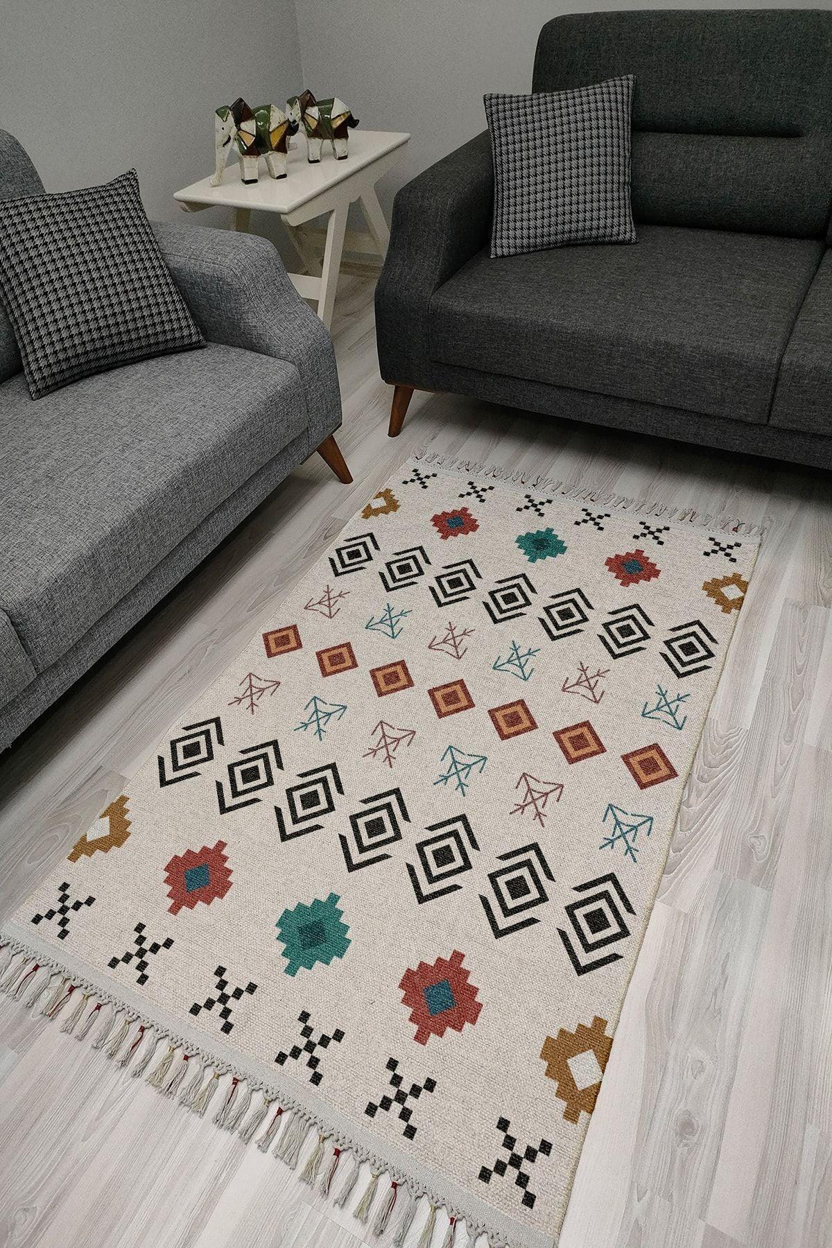 Cotton Serisi Multy Tonlarında Geometrik Eskitme Desenli Dekoratif Dokuma Taban Kilim - HALI VAGONU