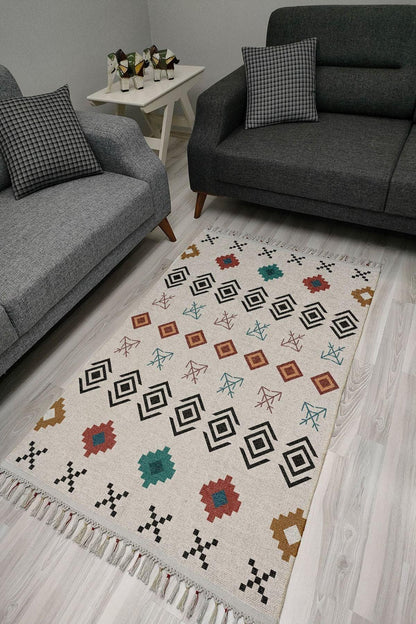 Cotton Serisi Multy Tonlarında Geometrik Eskitme Desenli Dekoratif Dokuma Taban Kilim - HALI VAGONU