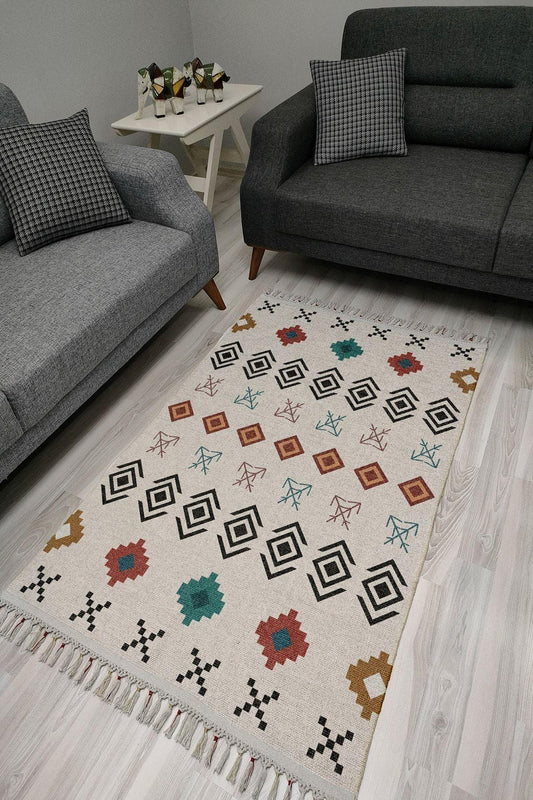 Cotton Serisi Multy Tonlarında Geometrik Eskitme Desenli Dekoratif Dokuma Taban Kilim - HALI VAGONU