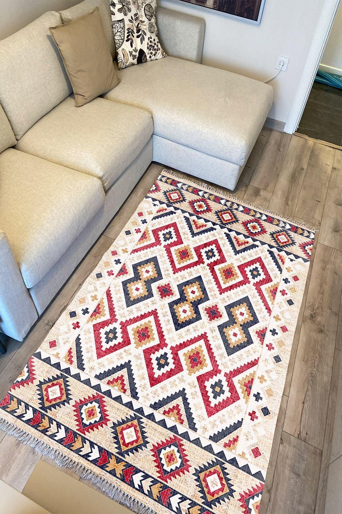 Cotton Serisi Multy Tonlarında Geometrik Hasır Görünümlü Otantik Dekoratif Dokuma Taban Kilim - HALI VAGONU