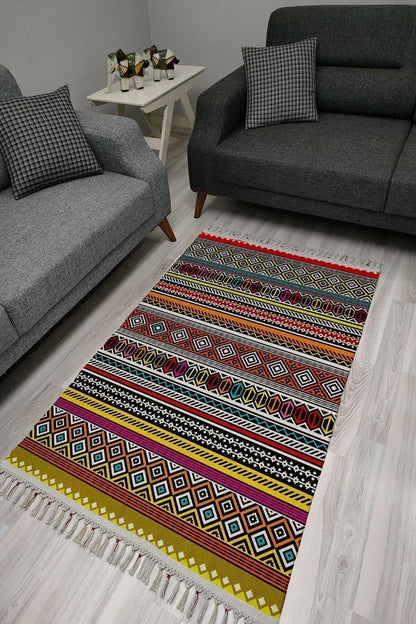 Cotton Serisi Multy Tonlarında Geometrik Otantik Desen Dekoratif Dokuma Taban Kilim - HALI VAGONU