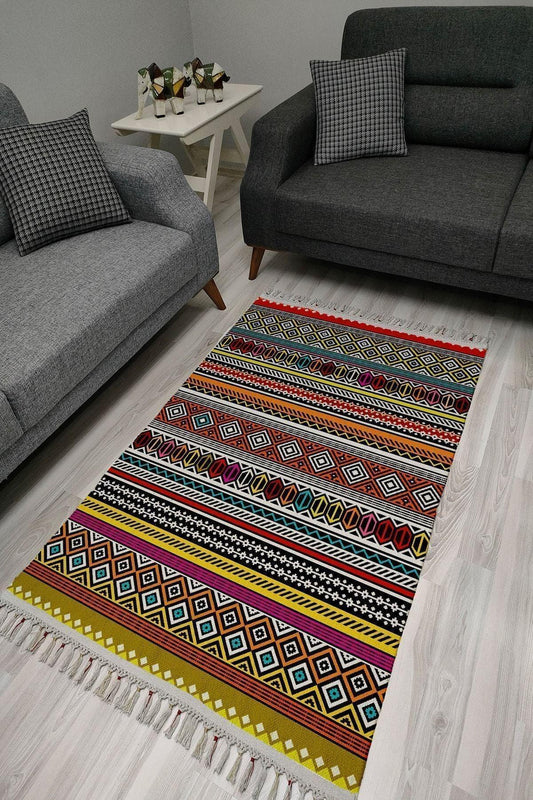 Cotton Serisi Multy Tonlarında Geometrik Otantik Desen Dekoratif Dokuma Taban Kilim - HALI VAGONU