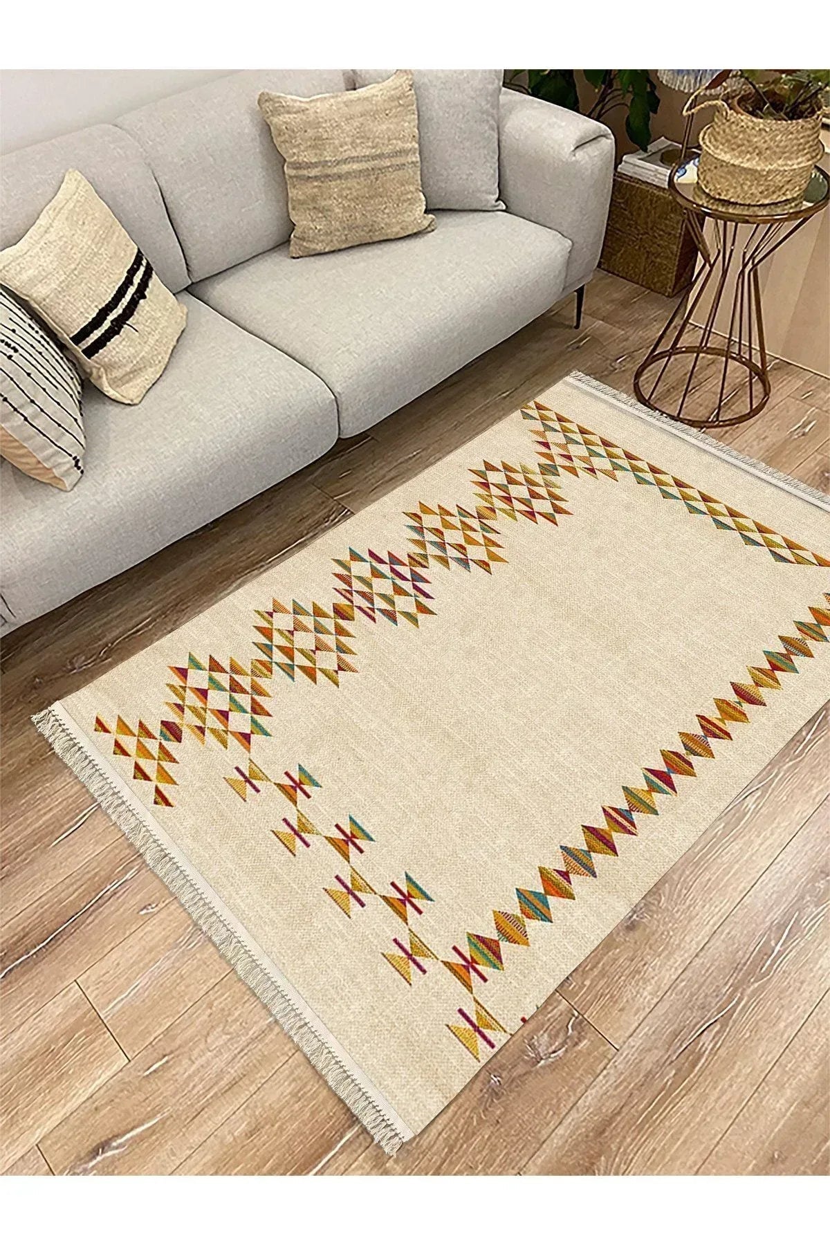 Cotton Serisi Multy Tonlarında Hasır Görünümlü Geometrik Eskitme Desen Dekoratif Dokuma Taban Kilim - HALI VAGONU
