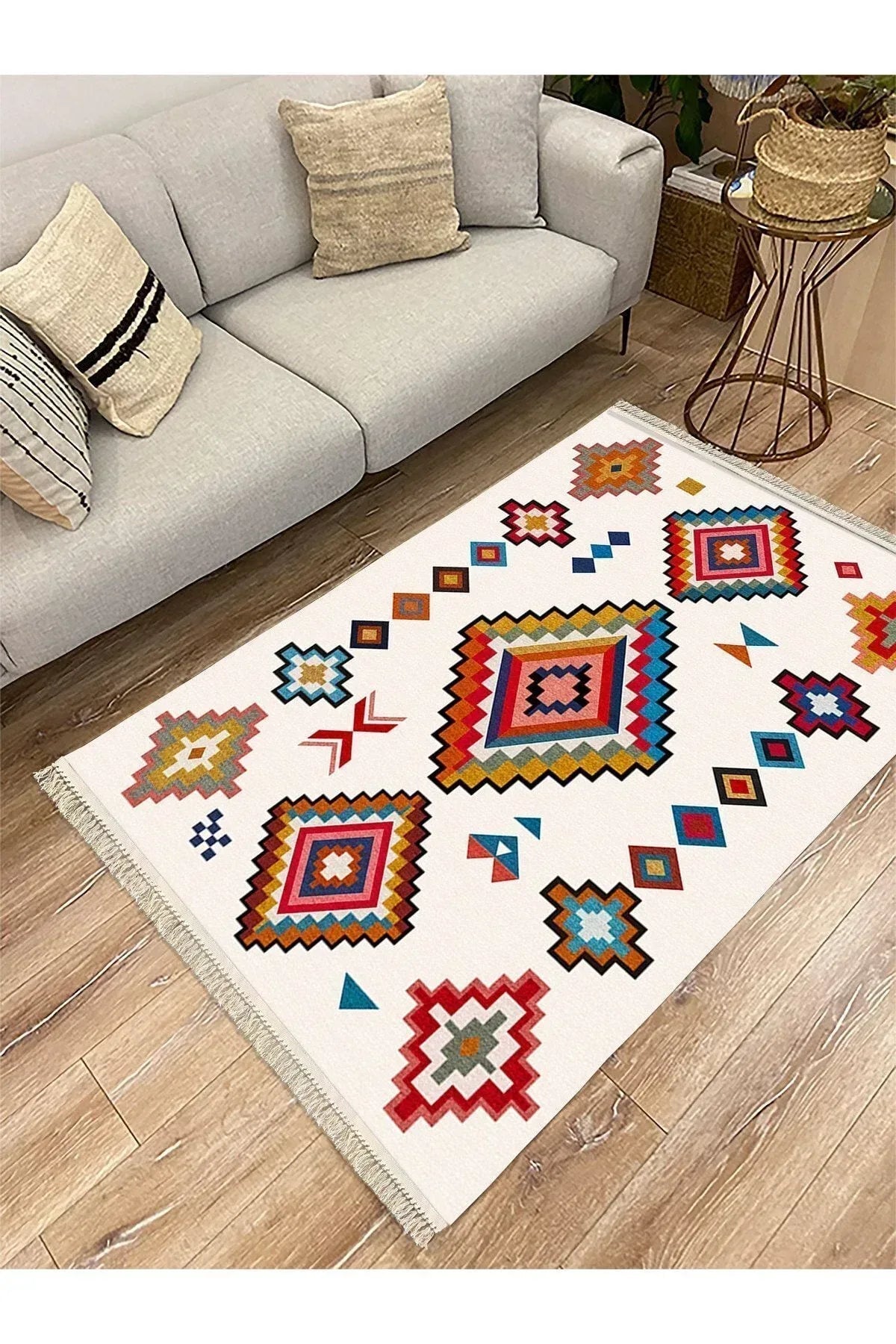 Cotton Serisi Multy Tonlarında Iskandinav Eskitme Desenli Dekoratif Dokuma Taban Kilim - HALI VAGONU
