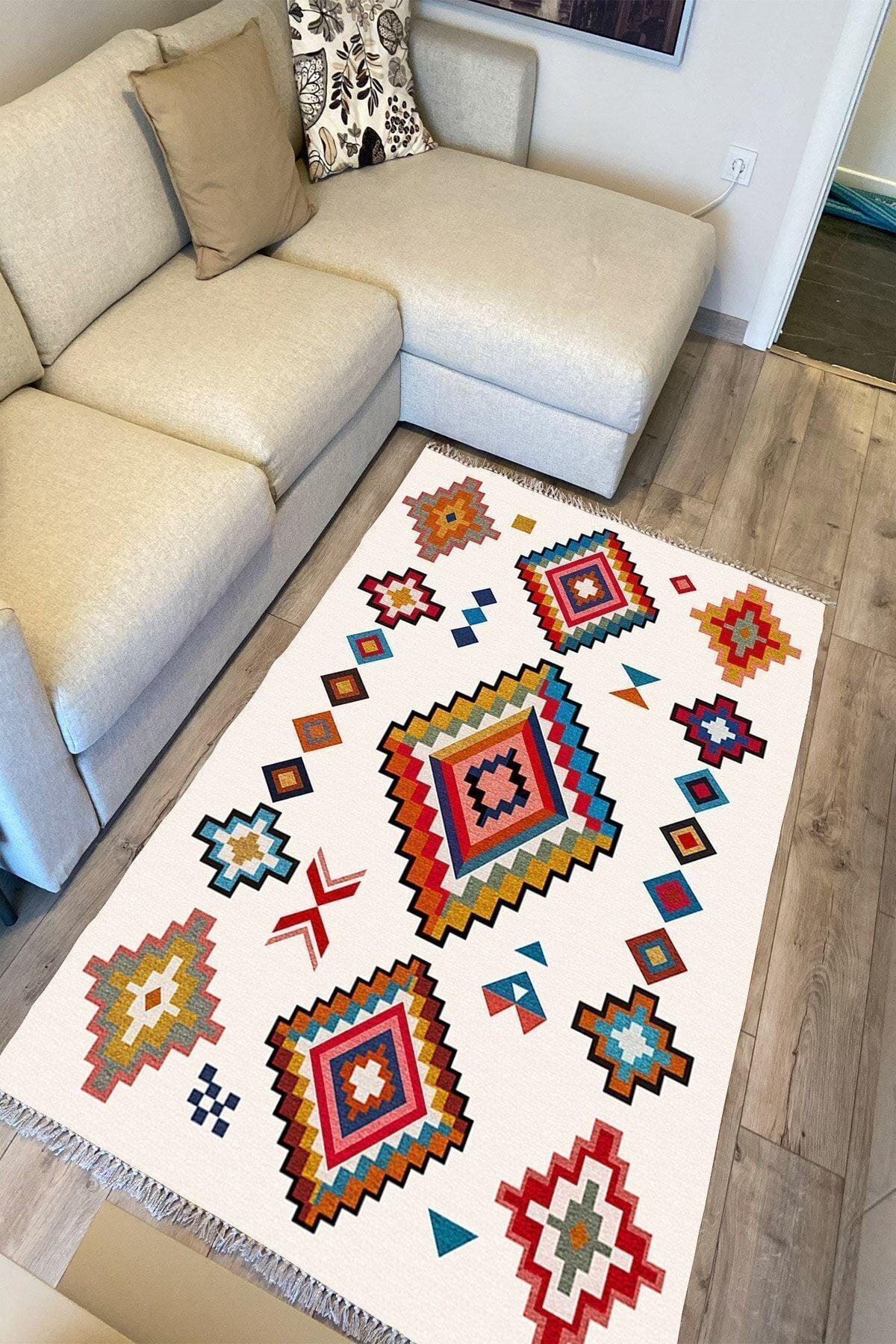 Cotton Serisi Multy Tonlarında Iskandinav Eskitme Desenli Dekoratif Dokuma Taban Kilim - HALI VAGONU