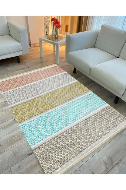 Cotton Serisi Multy Tonlarında Kabartma Eskitme Desenli Dekoratif Dokuma Taban Kilim - HALI VAGONU
