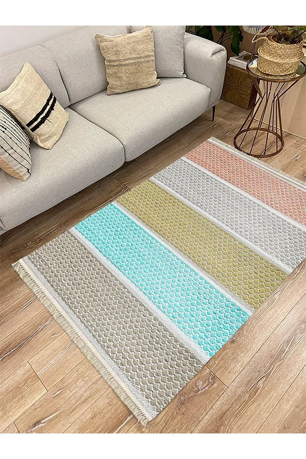 Cotton Serisi Multy Tonlarında Kabartma Eskitme Desenli Dekoratif Dokuma Taban Kilim - HALI VAGONU