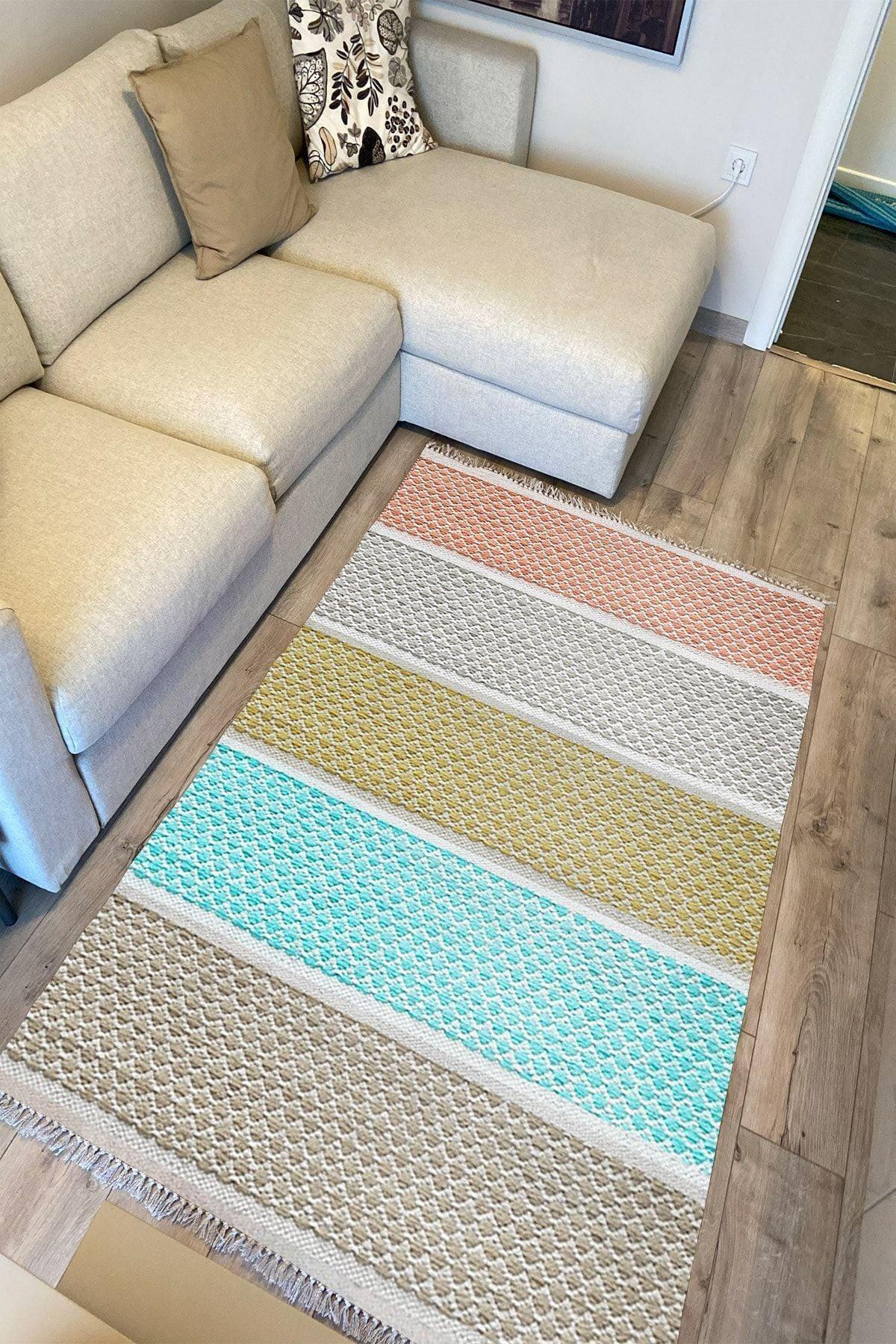 Cotton Serisi Multy Tonlarında Kabartma Eskitme Desenli Dekoratif Dokuma Taban Kilim - HALI VAGONU