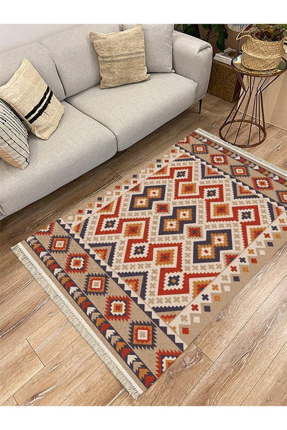 Cotton Serisi Multy Tonlarında Kabartma Görünümlü Eskitme Desen Dekoratif Dokuma Taban Kilim - HALI VAGONU