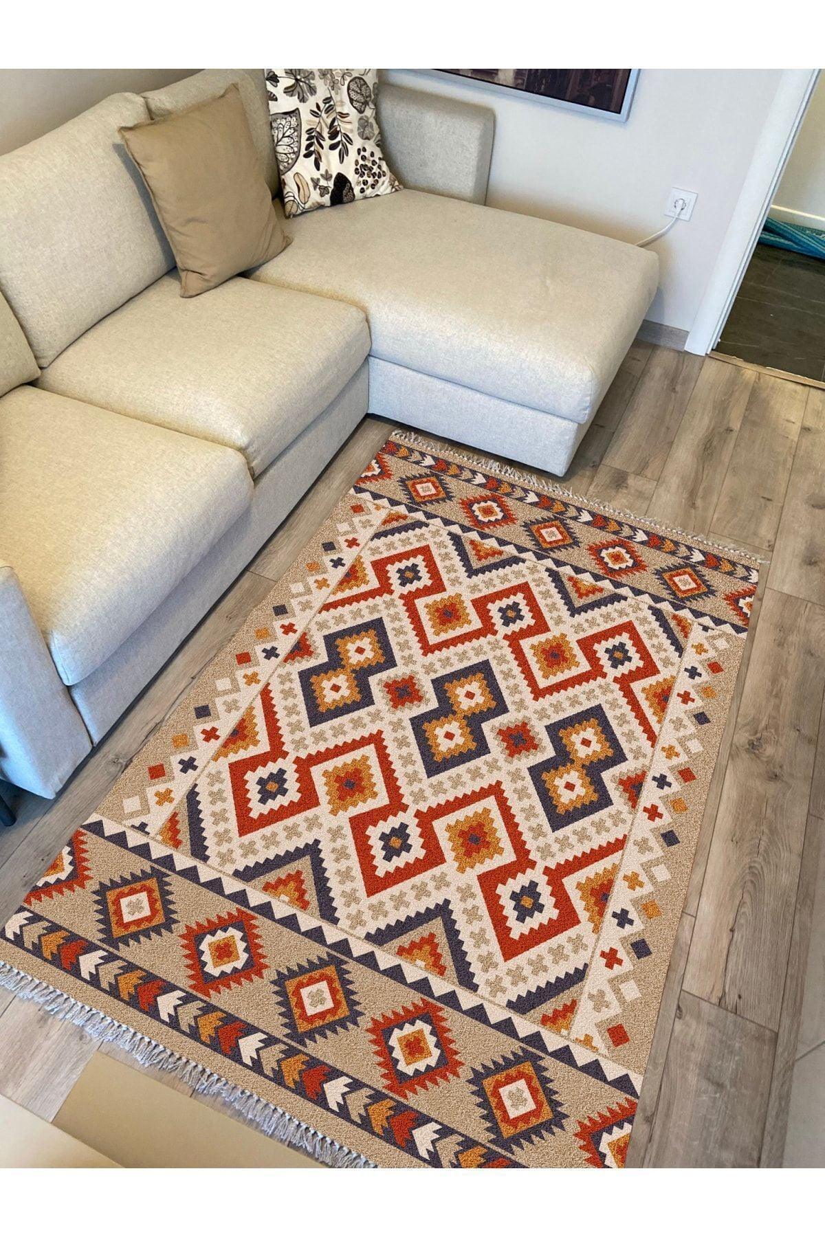 Cotton Serisi Multy Tonlarında Kabartma Görünümlü Eskitme Desen Dekoratif Dokuma Taban Kilim - HALI VAGONU