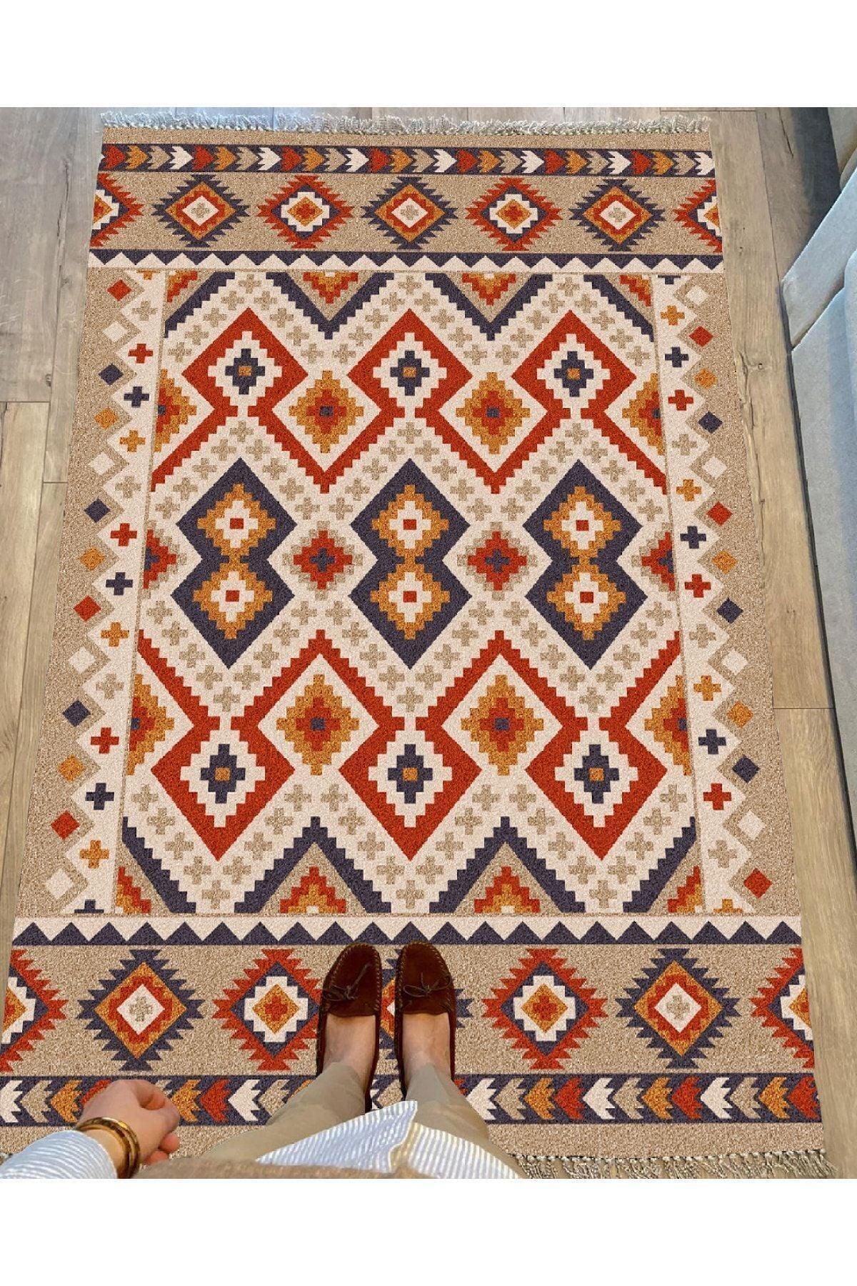 Cotton Serisi Multy Tonlarında Kabartma Görünümlü Eskitme Desen Dekoratif Dokuma Taban Kilim - HALI VAGONU