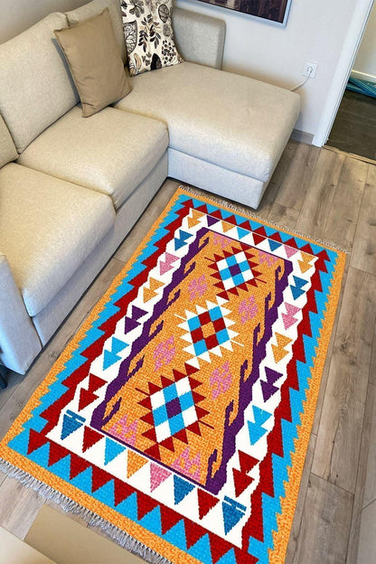Cotton Serisi Multy Tonlarında Otantik Eskitme Geometrik Desen Dekoratif Dokuma Taban Kilim - HALI VAGONU