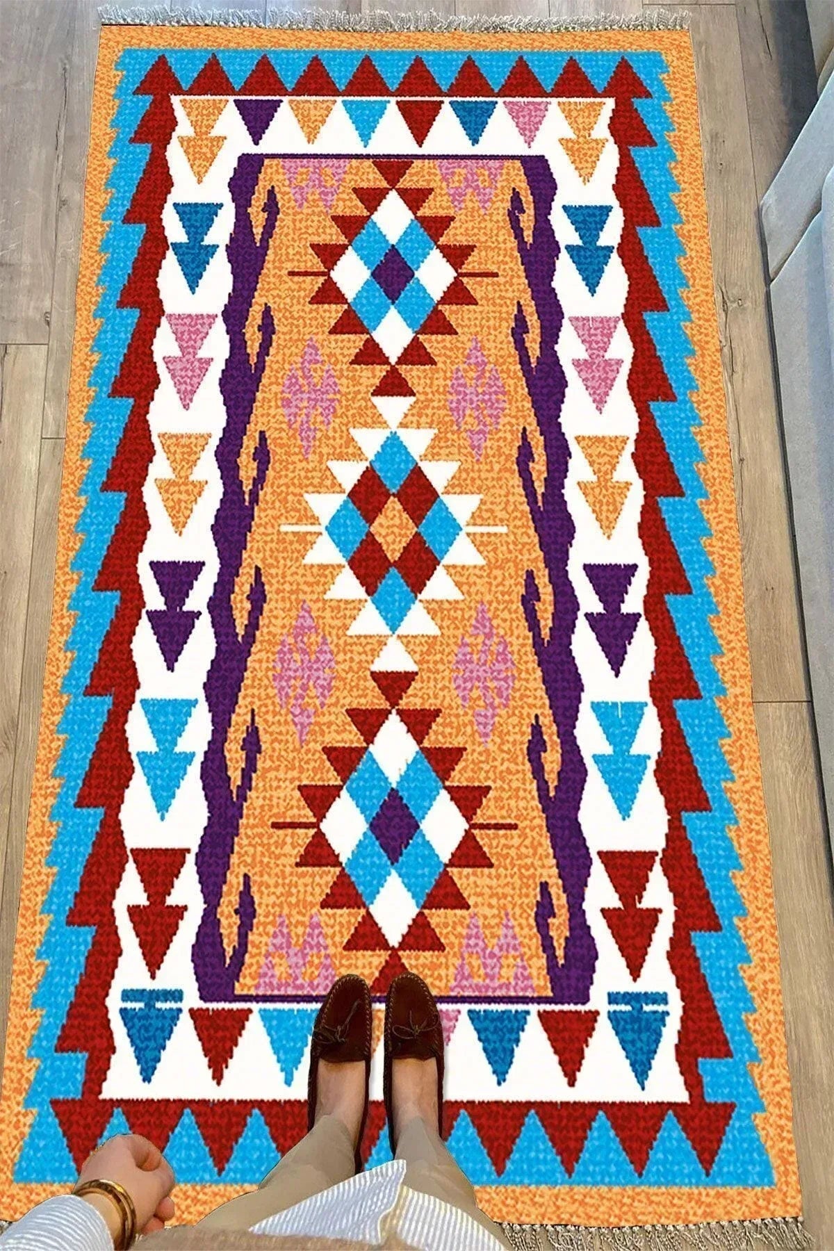 Cotton Serisi Multy Tonlarında Otantik Eskitme Geometrik Desen Dekoratif Dokuma Taban Kilim - HALI VAGONU