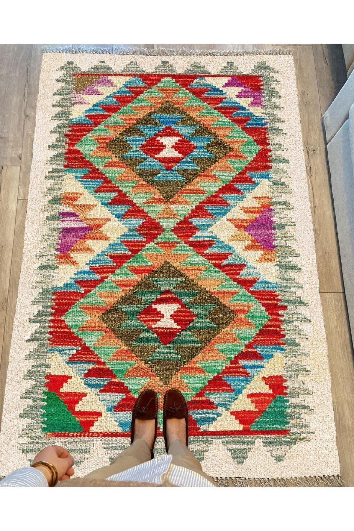 Cotton Serisi Multy Tonlarında Otantik Eskitme Geometrik Desen Dekoratif Dokuma Taban Kilim - HALI VAGONU