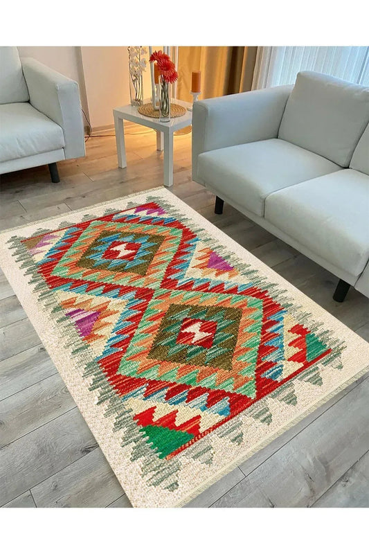 Cotton Serisi Multy Tonlarında Otantik Eskitme Geometrik Desen Dekoratif Dokuma Taban Kilim - HALI VAGONU