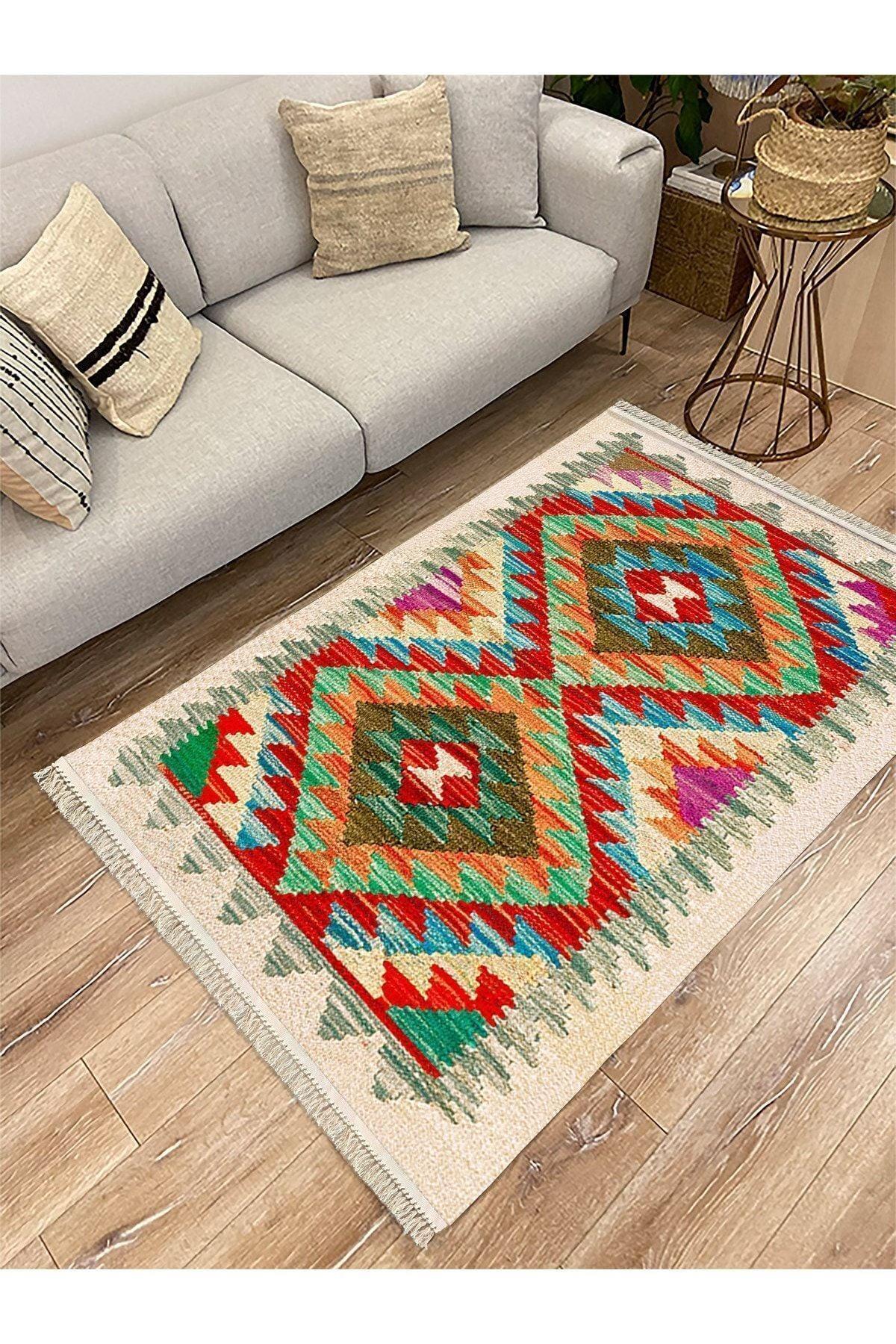 Cotton Serisi Multy Tonlarında Otantik Eskitme Geometrik Desen Dekoratif Dokuma Taban Kilim - HALI VAGONU