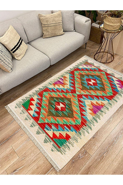 Cotton Serisi Multy Tonlarında Otantik Eskitme Geometrik Desen Dekoratif Dokuma Taban Kilim - HALI VAGONU