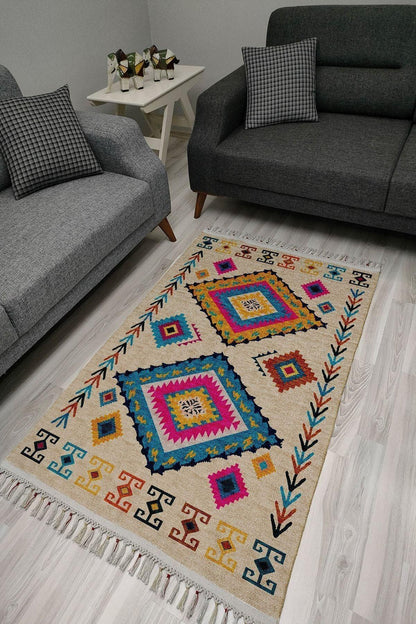 Cotton Serisi Multy Tonlarında Otantik Etnik Geometrik Desenli Dekoratif Dokuma Taban Kilim - HALI VAGONU