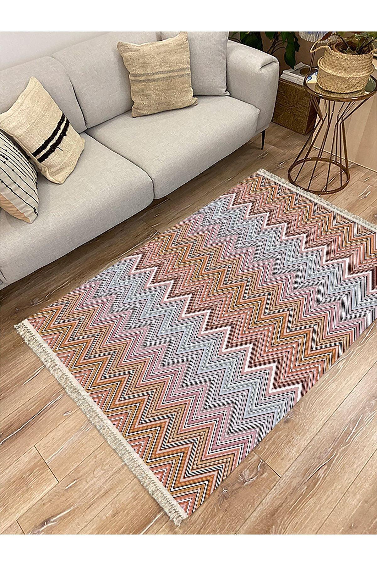 Cotton Serisi Multy Tonlarında Zikzak Eskitme Desenli Dekoratif Dokuma Taban Kilim - HALI VAGONU