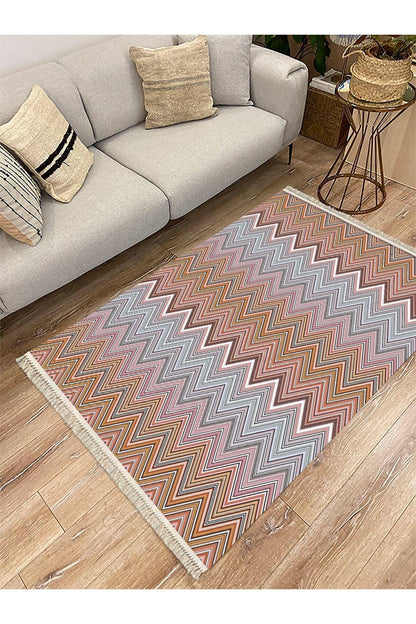 Cotton Serisi Multy Tonlarında Zikzak Eskitme Desenli Dekoratif Dokuma Taban Kilim - HALI VAGONU
