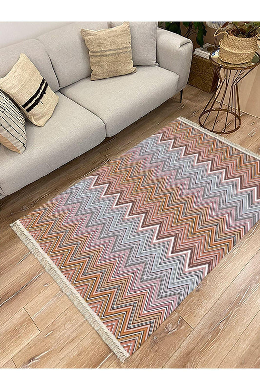 Cotton Serisi Multy Tonlarında Zikzak Eskitme Desenli Dekoratif Dokuma Taban Kilim - HALI VAGONU