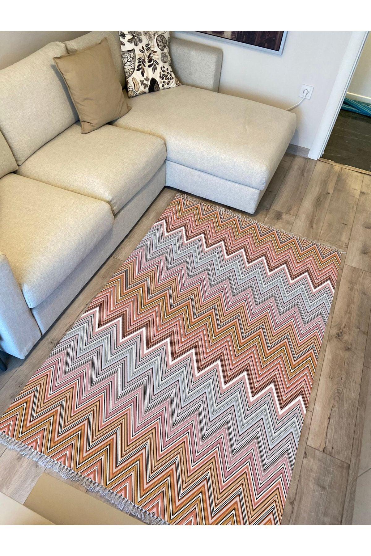 Cotton Serisi Multy Tonlarında Zikzak Eskitme Desenli Dekoratif Dokuma Taban Kilim - HALI VAGONU