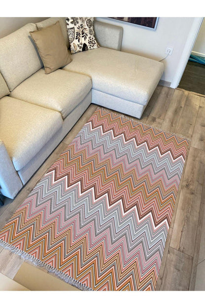 Cotton Serisi Multy Tonlarında Zikzak Eskitme Desenli Dekoratif Dokuma Taban Kilim - HALI VAGONU