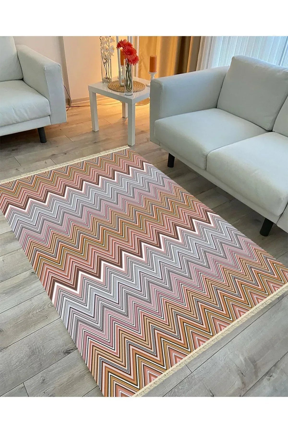 Cotton Serisi Multy Tonlarında Zikzak Eskitme Desenli Dekoratif Dokuma Taban Kilim - HALI VAGONU