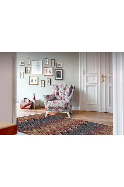 Cotton Serisi Multy Tonlarında Zikzak Eskitme Modern Desen Dekoratif Dokuma Taban Kilim - HALI VAGONU