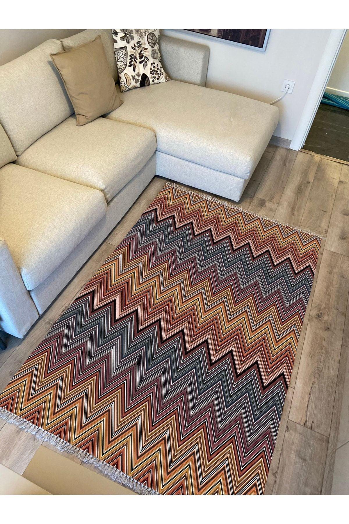 Cotton Serisi Multy Tonlarında Zikzak Eskitme Modern Desen Dekoratif Dokuma Taban Kilim - HALI VAGONU
