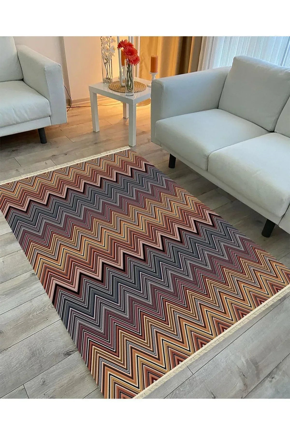 Cotton Serisi Multy Tonlarında Zikzak Eskitme Modern Desen Dekoratif Dokuma Taban Kilim - HALI VAGONU