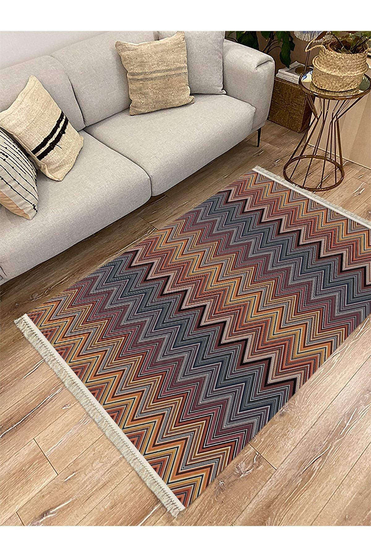 Cotton Serisi Multy Tonlarında Zikzak Eskitme Modern Desen Dekoratif Dokuma Taban Kilim - HALI VAGONU
