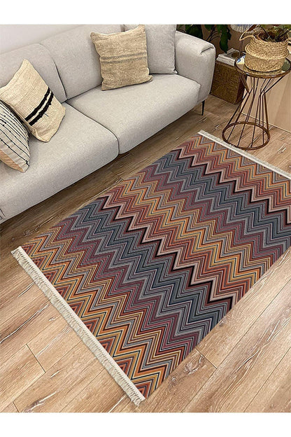 Cotton Serisi Multy Tonlarında Zikzak Eskitme Modern Desen Dekoratif Dokuma Taban Kilim - HALI VAGONU
