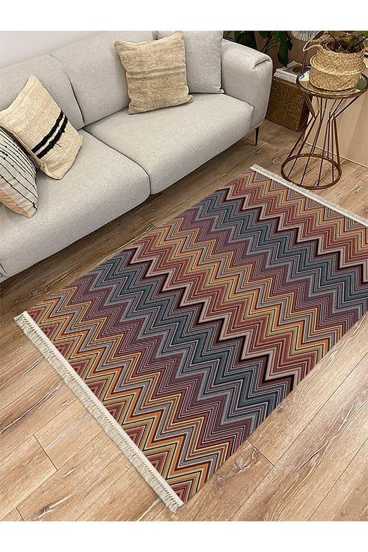 Cotton Serisi Multy Tonlarında Zikzak Eskitme Modern Desen Dekoratif Dokuma Taban Kilim - HALI VAGONU