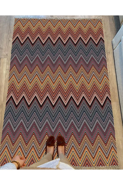 Cotton Serisi Multy Tonlarında Zikzak Eskitme Modern Desen Dekoratif Dokuma Taban Kilim - HALI VAGONU