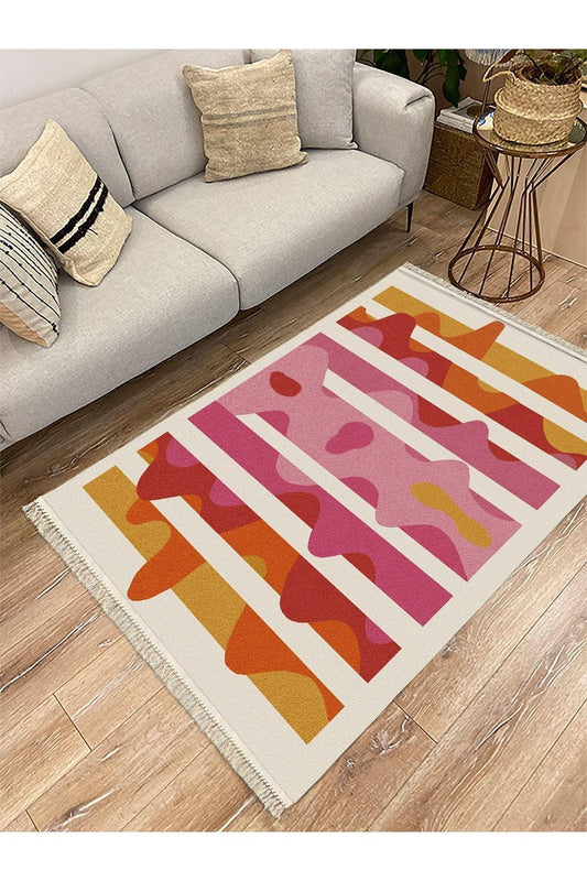 Cotton Serisi Pembe Tonlarında Dalgalı Modern Desen Dekoratif Dokuma Taban Kilim - HALI VAGONU